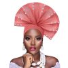 Fashion African Ready To Wear Fan Heatie Aso Oke Headtie With Beads For Women